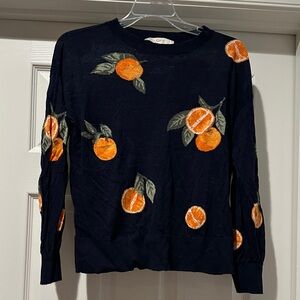 LOFT Women's Dark Blue Sweater with Orange Fruit Design